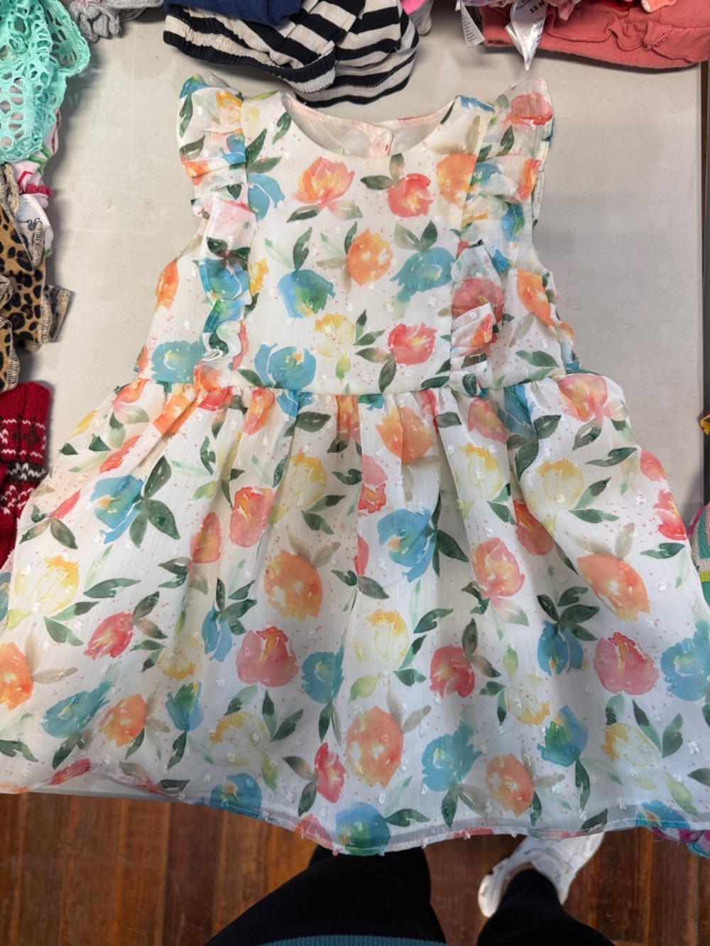 Floral Watercolor Sleeveless Ruffle Kids Dress - White with Multicolor Flowers